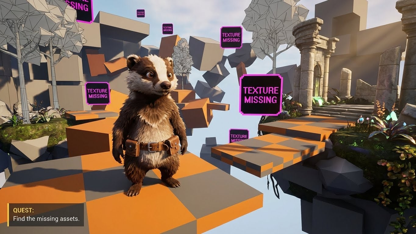Key art de Bradley the Badger: un tejón caricaturesco con vibra de plataforma 3D que grita 'déjenme cocinar' en medio del caos del desarrollo