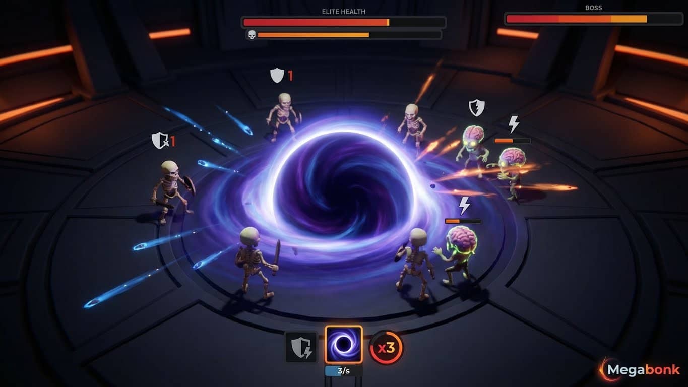 Efecto visual tipo agujero negro o gravedad, ideal para explicar el Black Hole en Megabonk