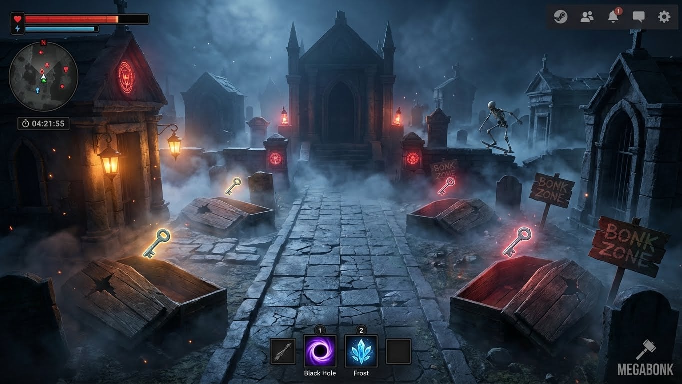 Cementerio oscuro e inquietante, ideal para imaginar el bioma del Cementerio de Megabonk