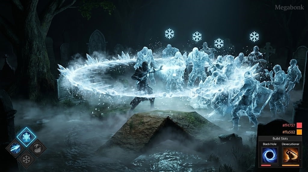 Hielo y escarcha, imagen ilustrativa para la mecánica de congelación tipo Ice Cube/Frostwalker en Megabonk