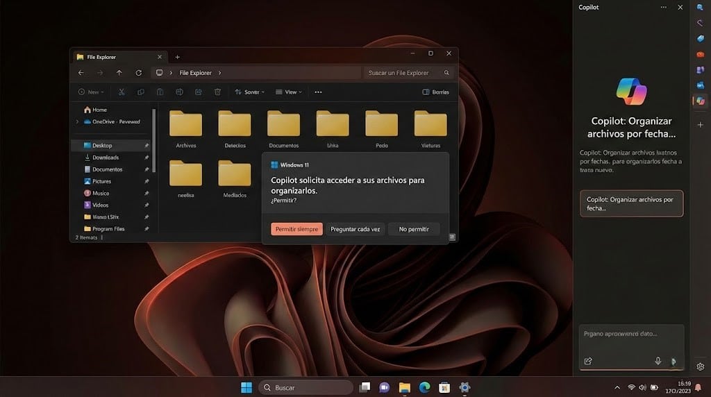 Interfaz de Windows 11 con Copilot y ventana de permisos para agentes de IA (consentimiento explícito)