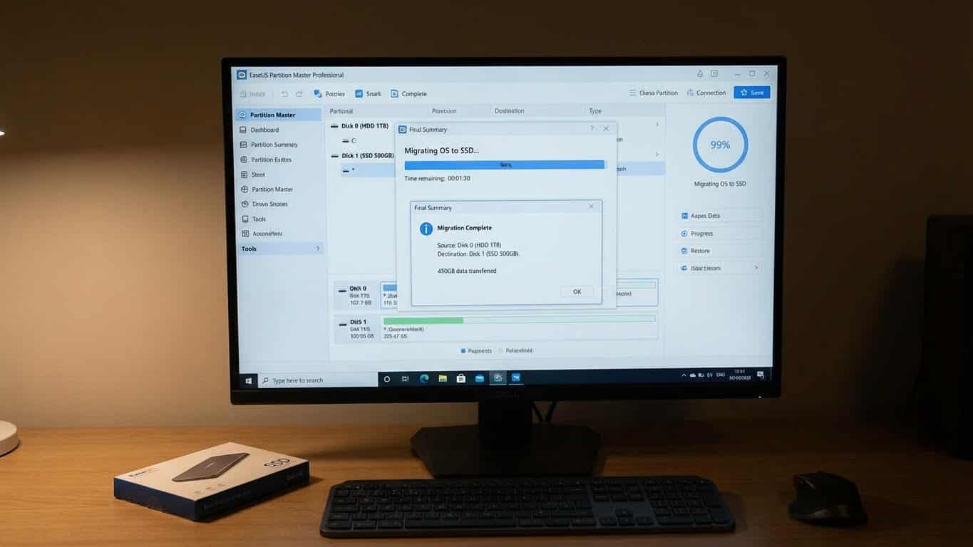 Escena de migración del sistema a SSD con progreso en EaseUS Partition Master Professional