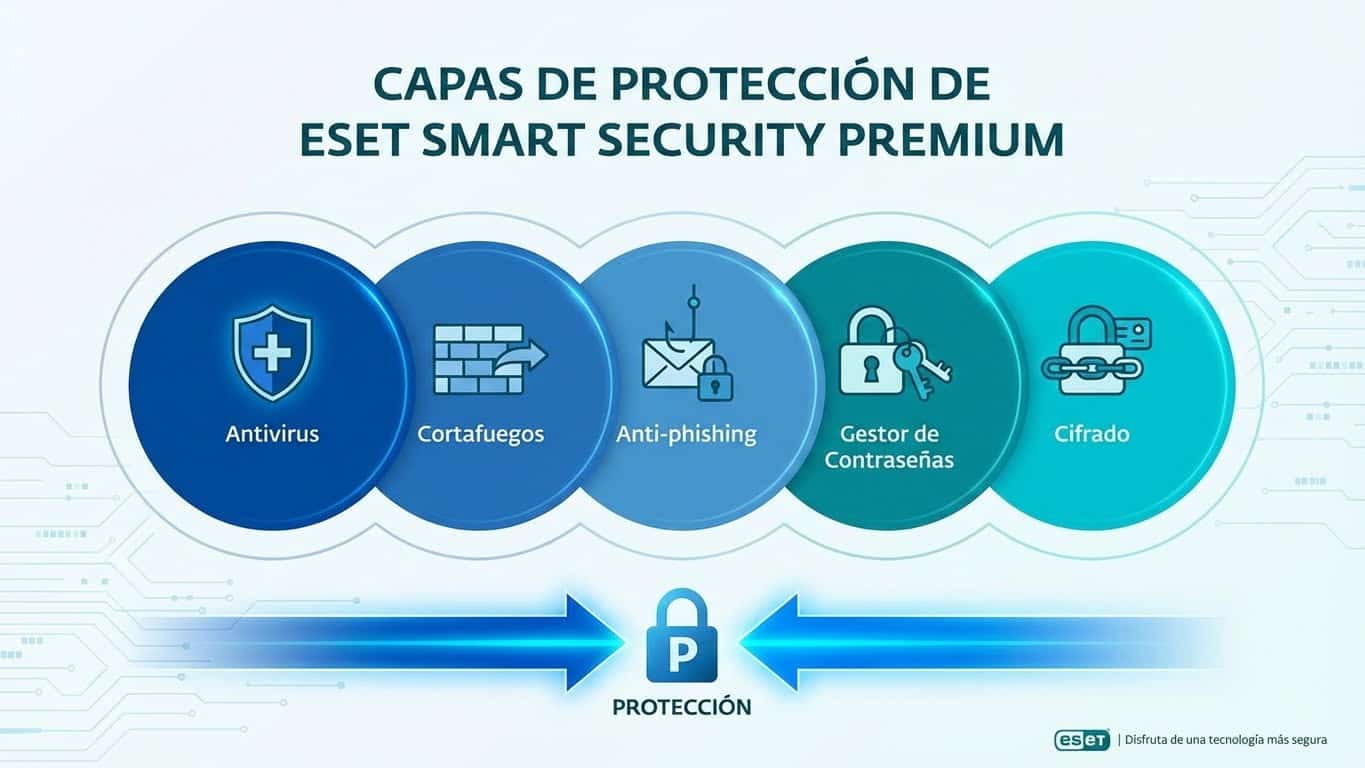 Infografía de ESET Smart Security Premium con capas de protección: antivirus, firewall, anti-phishing, gestor de contraseñas y cifrado