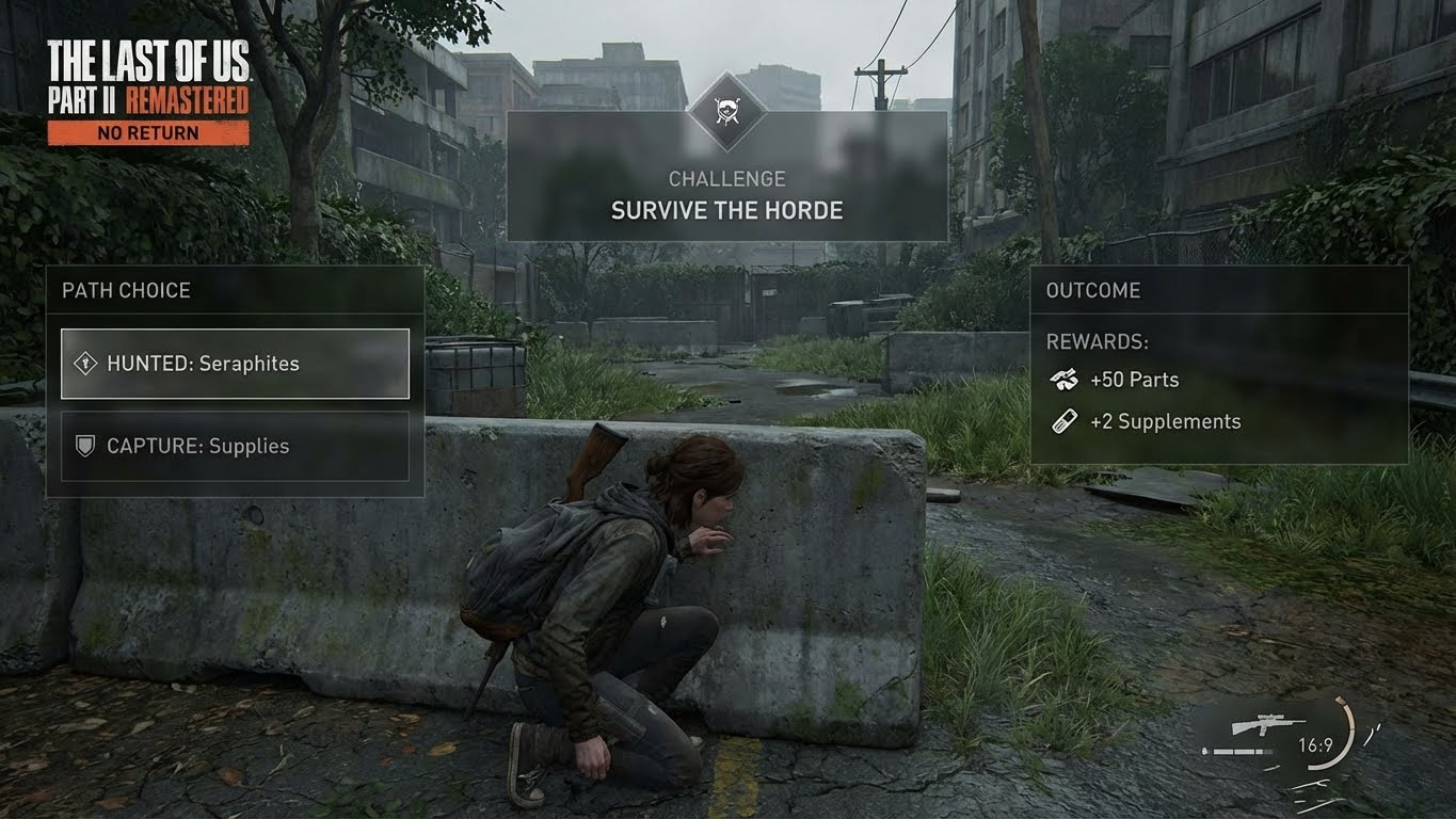 Escena del modo Sin retorno en The Last of Us Part II Remastered con UI de supervivencia
