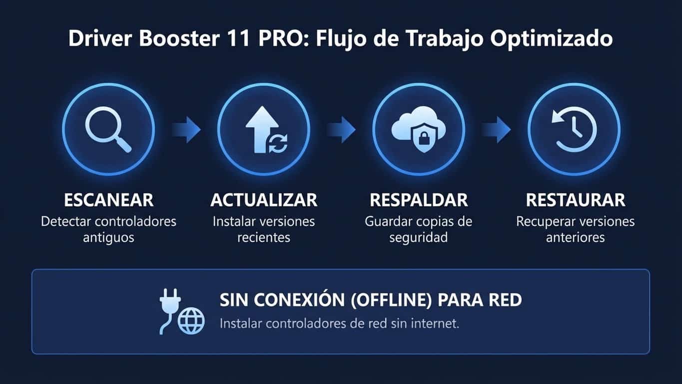 Pantalla de Driver Booster 11 PRO mostrando lista de drivers desactualizados y botón de actualizar
