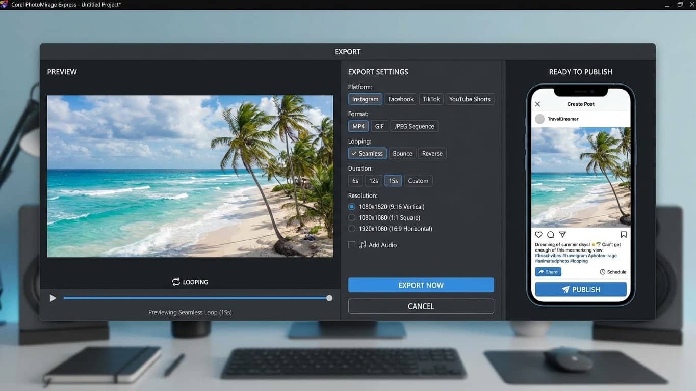Escena de exportación de una foto animada en loop para redes sociales desde Corel PhotoMirage Express