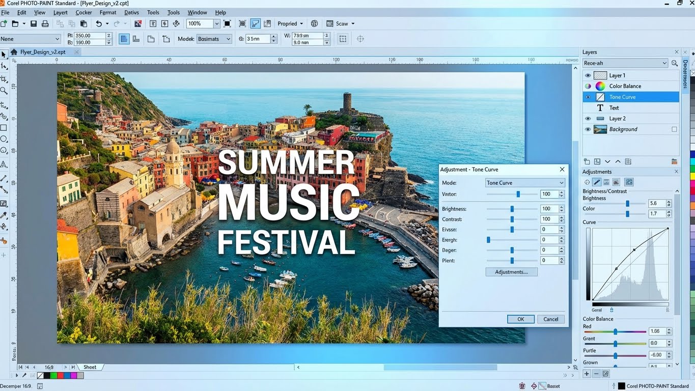 Pantalla de Corel PHOTO-PAINT Standard aplicando ajustes y capas a una imagen para un diseño final