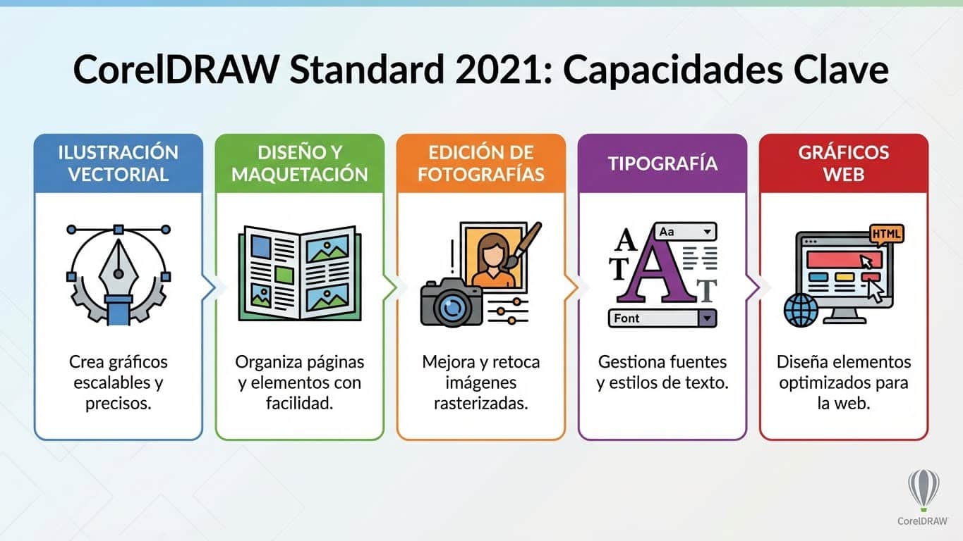 Escena de uso creando una pieza vectorial en CorelDRAW Standard 2021 con guías y herramientas de forma