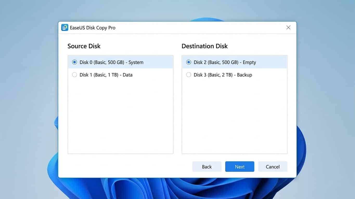 Pantalla de selección de disco origen y destino en EaseUS Disk Copy Pro