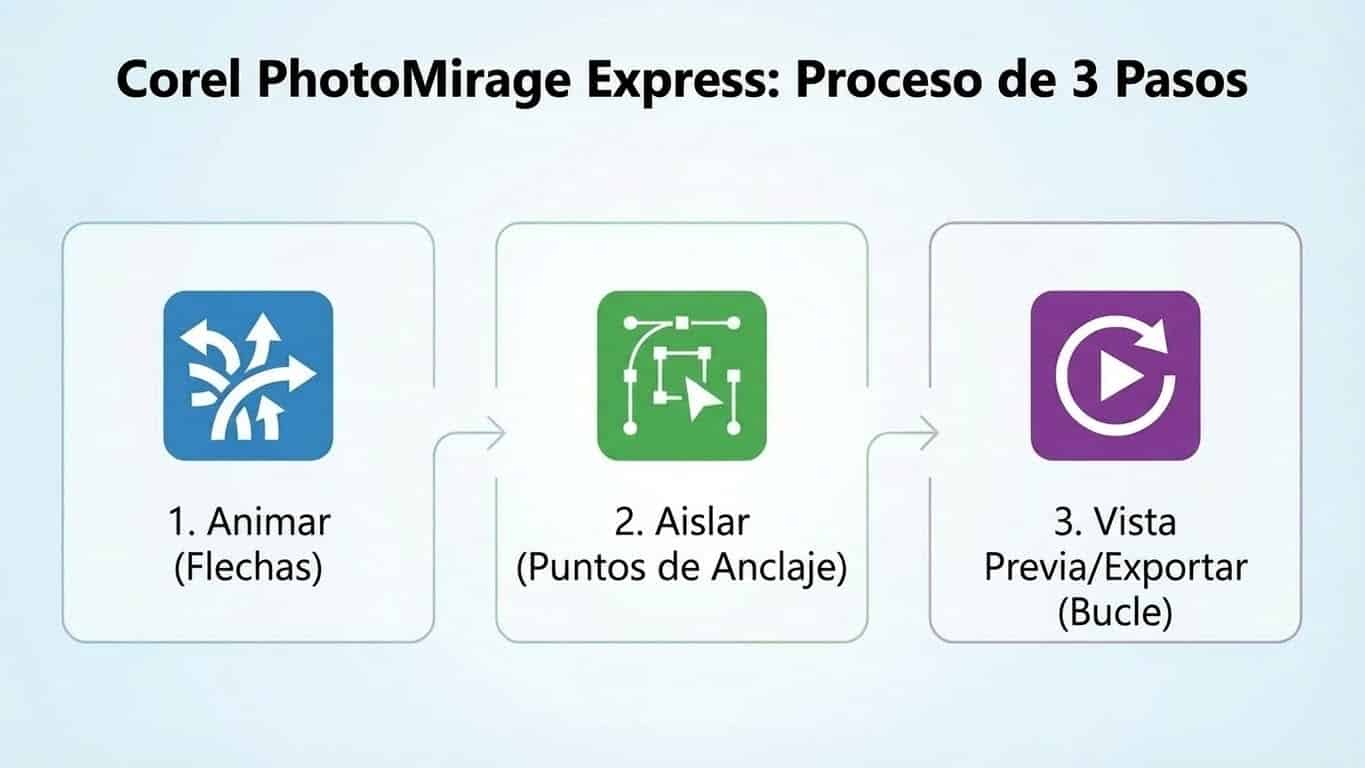 Pantalla de Corel PhotoMirage Express mostrando flechas de movimiento y puntos de anclaje sobre una foto