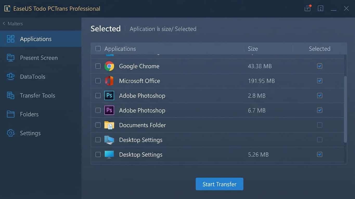 Pantalla de selección de programas y archivos para migrar en EaseUS Todo PCTrans Professional
