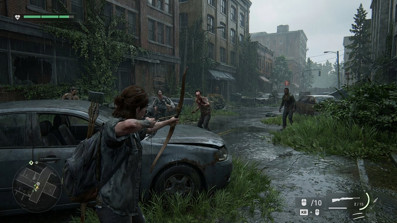 Captura de gameplay de The Last of Us Part II Remastered en PC con interfaz y escena de acción