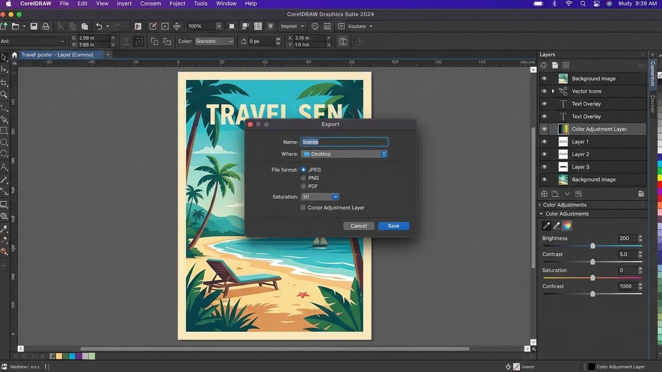 Pantalla de edición de imagen con capas y ajustes para un proyecto de diseño en CorelDRAW Graphics Suite 2024 para Mac