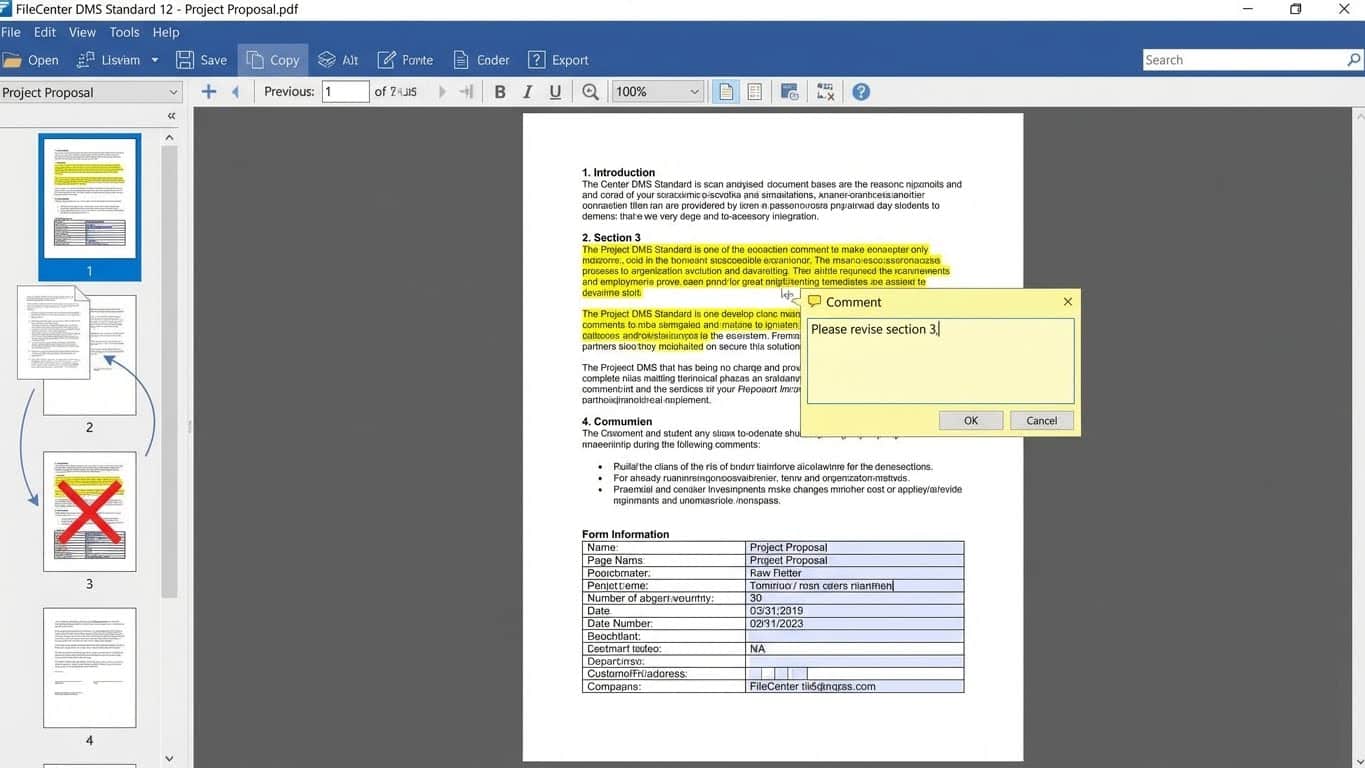 Edición básica de PDF en FileCenter DMS Standard 12 con anotaciones y páginas
