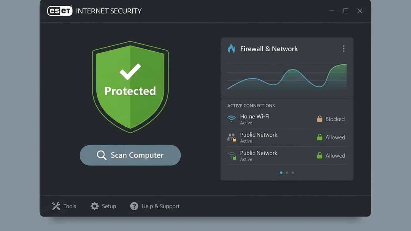 Pantalla del panel principal de ESET Internet Security con estado de seguridad y accesos a escaneo y firewall