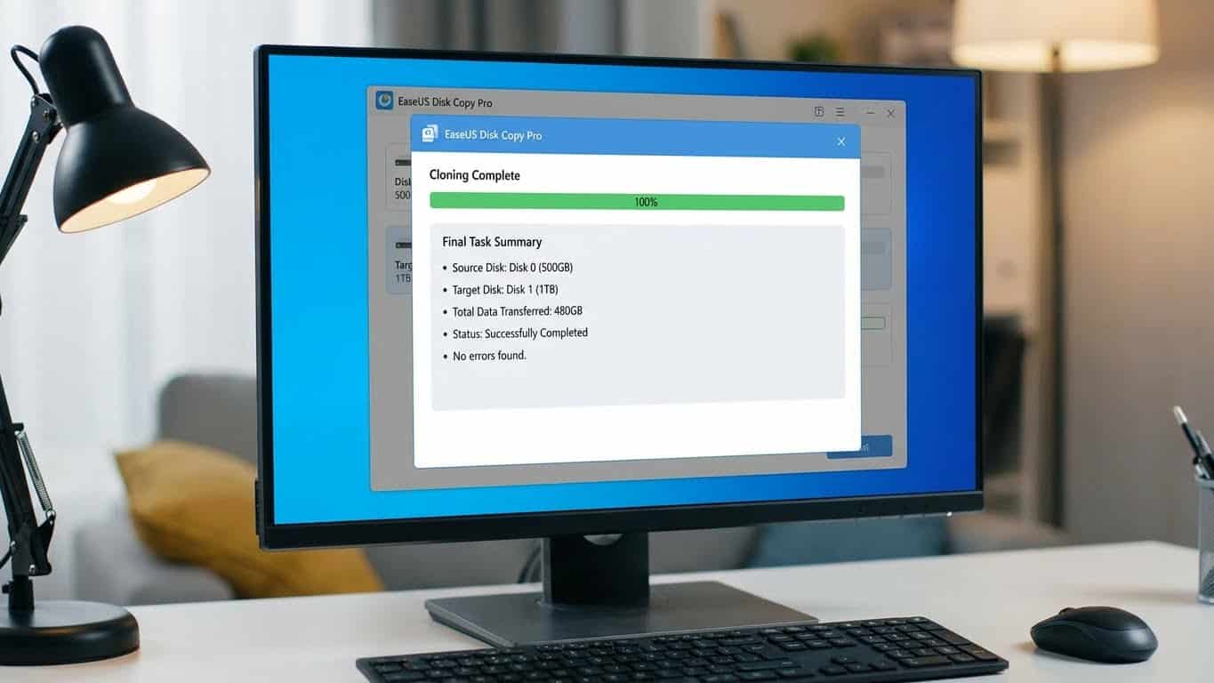 Escena de clonación 1:1 con barra de progreso y resumen final en EaseUS Disk Copy Pro