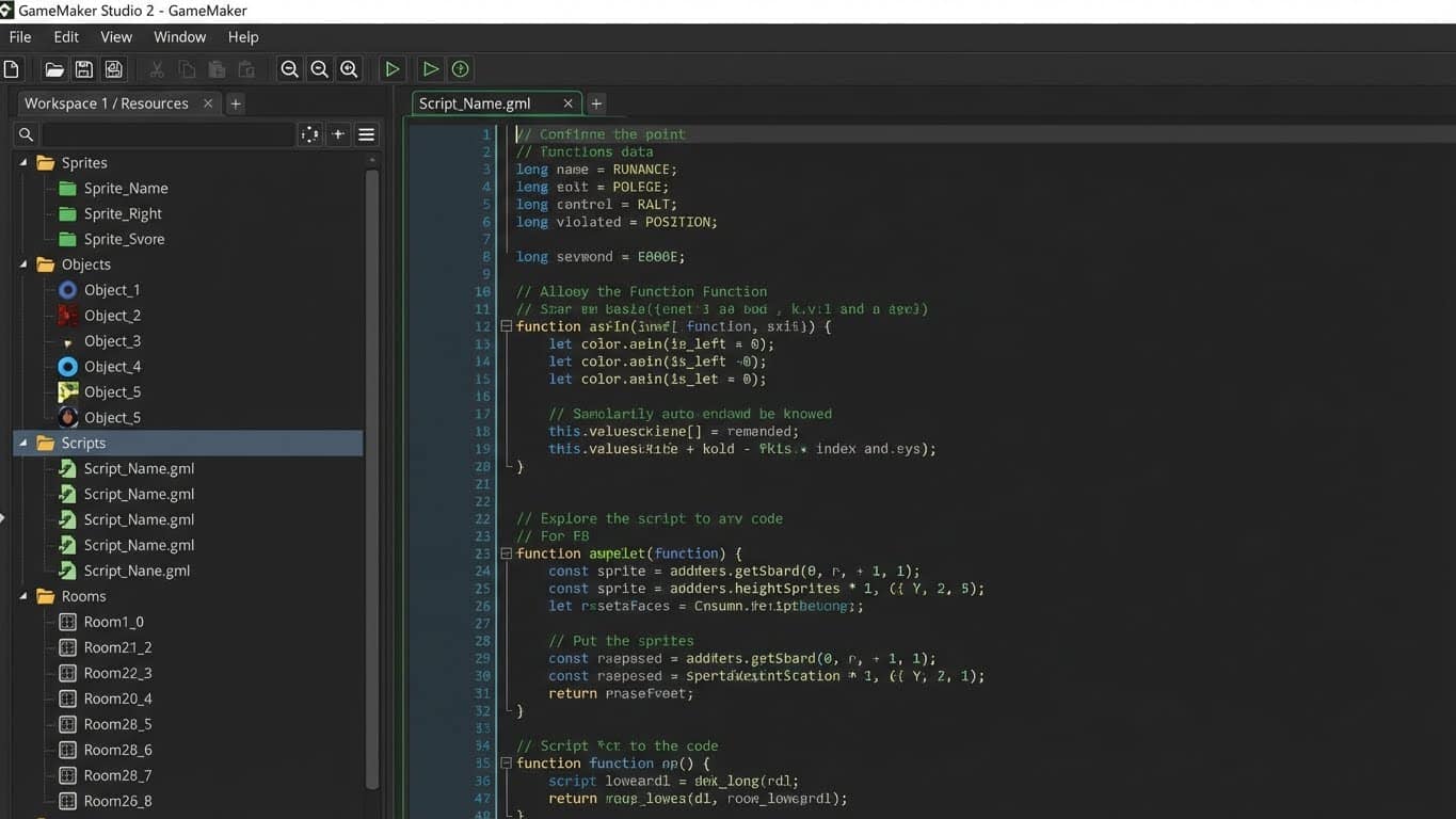 GameMaker Studio 2: editor de código y workspace del proyecto (captura horizontal)