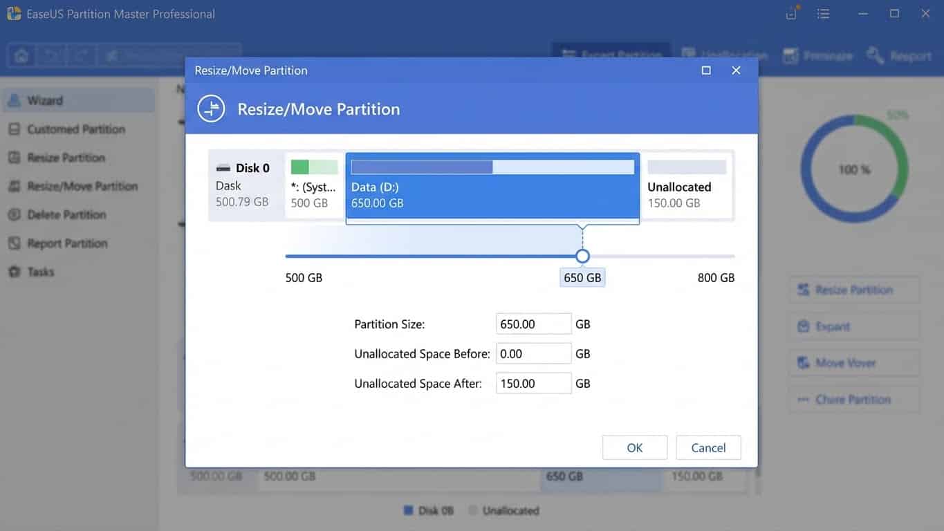 Pantalla de redimensionar o extender partición en EaseUS Partition Master Professional