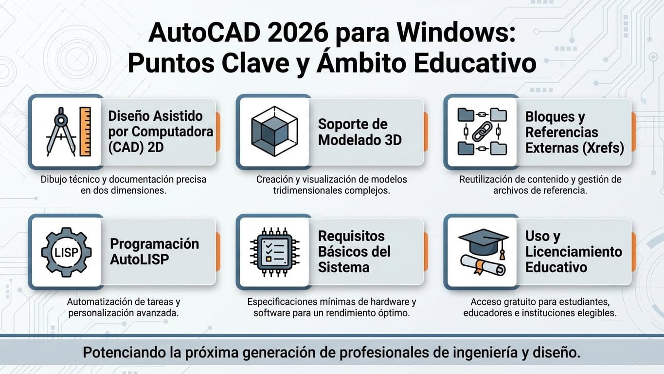 Infografía de AutoCAD 2026 para Windows con puntos clave y alcance educativo