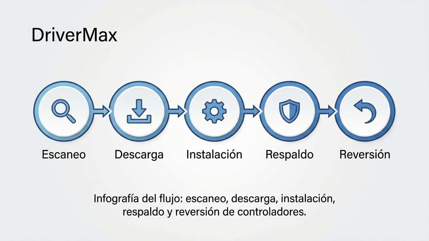Infografía de DriverMax con flujo: escanear, descargar, instalar, backup y rollback de drivers