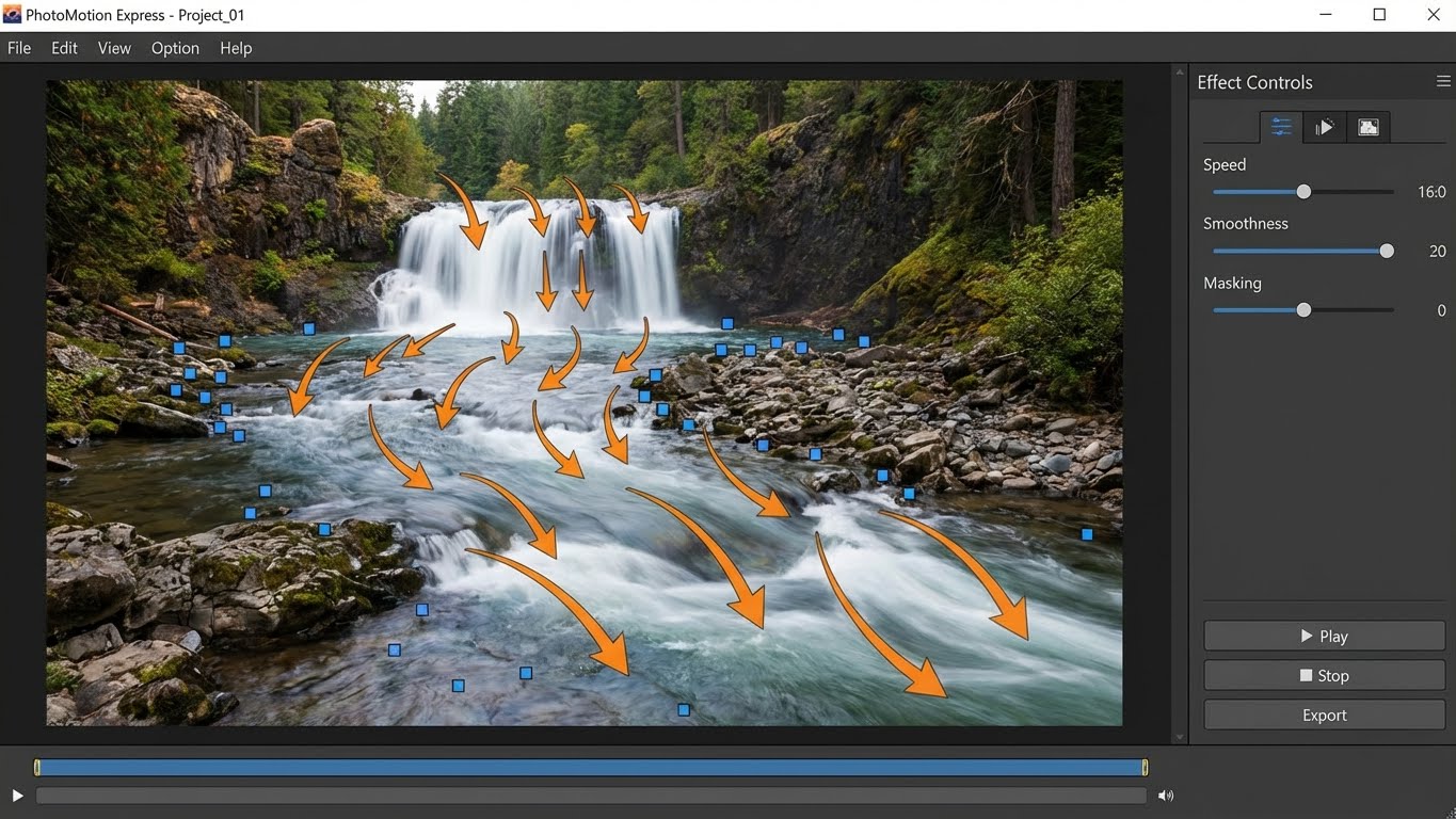Infografía de Corel PhotoMirage Express con el proceso en 3 pasos: animar, aislar y previsualizar