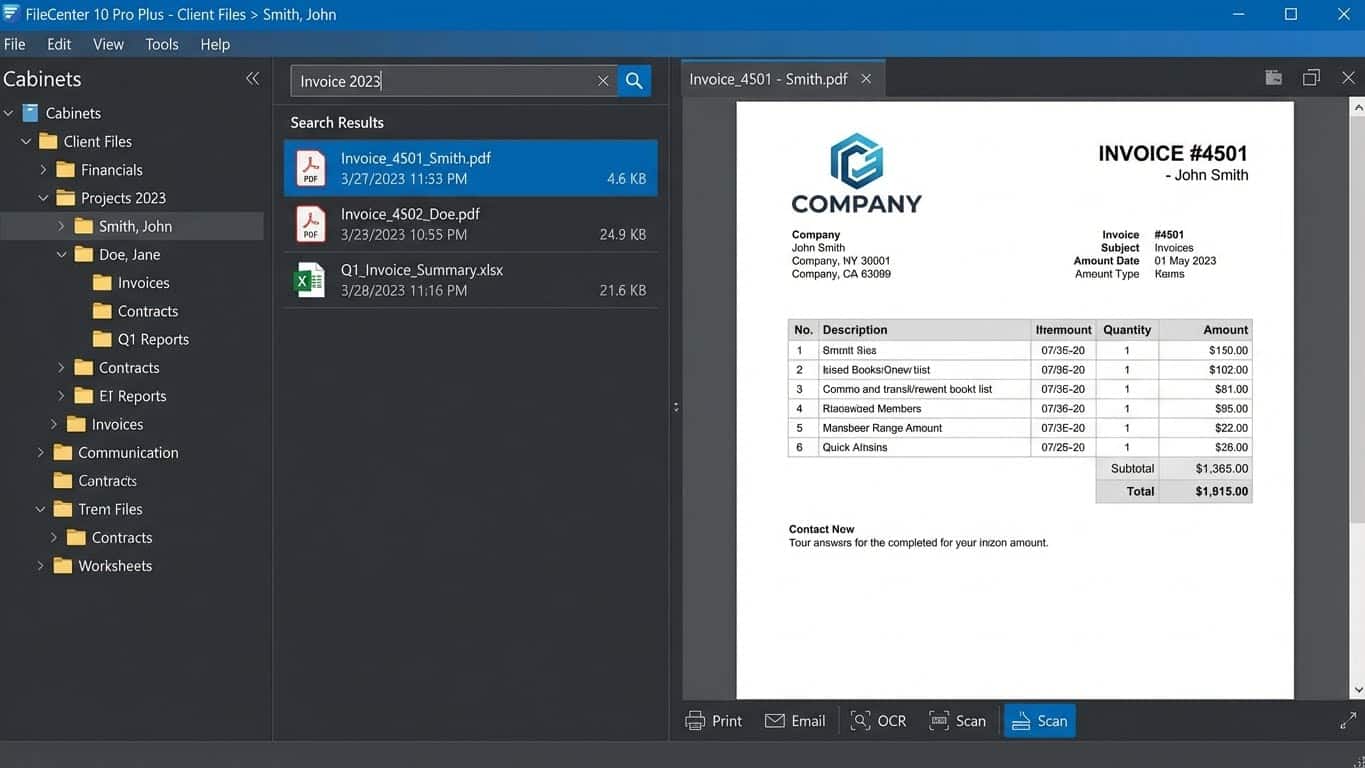 Flujo de escaneo a PDF en FileCenter 10 Pro Plus con organización automática