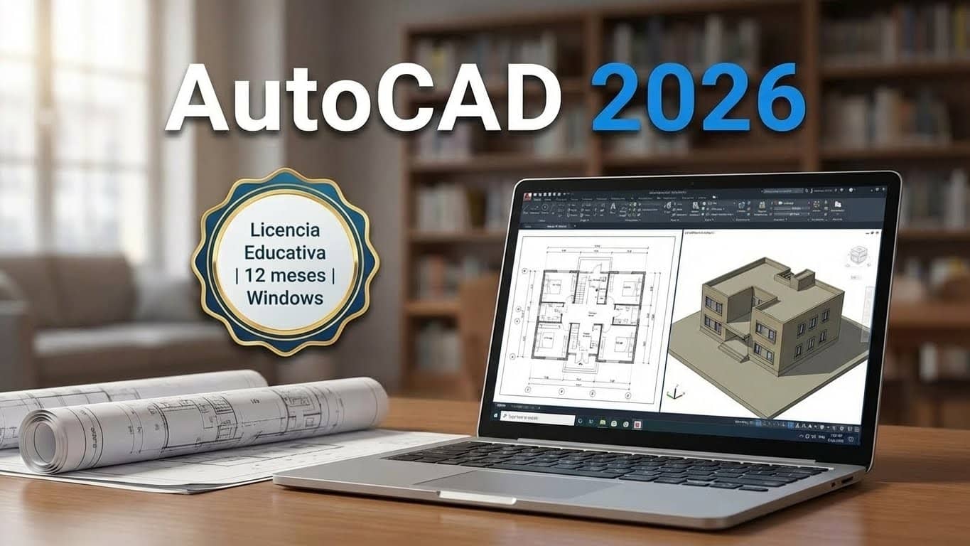 AutoCAD 2026 para Windows en entorno de estudio con planos 2D y vista 3D