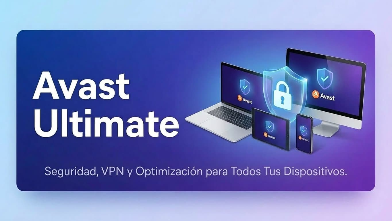 Avast Ultimate en varios dispositivos: seguridad, VPN y optimización (banner horizontal)