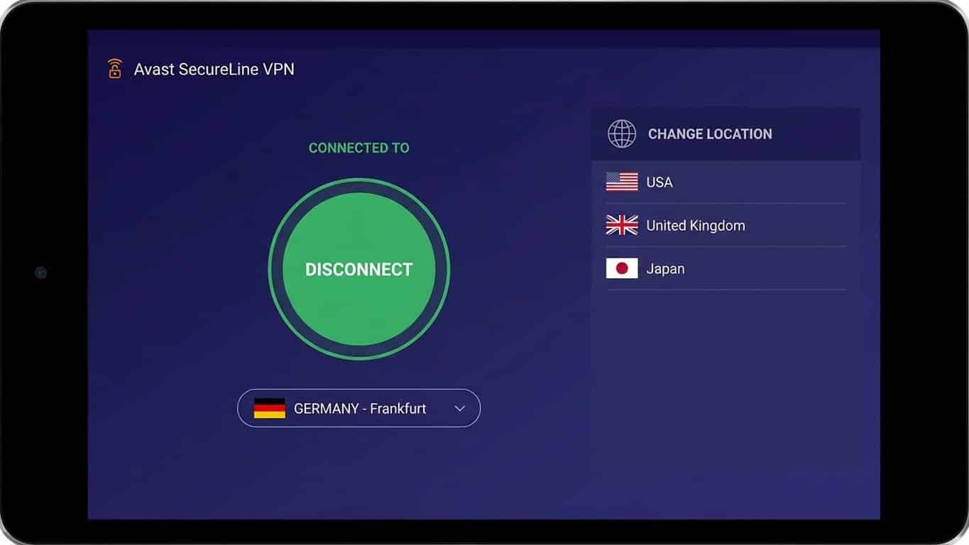 Avast SecureLine VPN: pantalla de conexión y selección de ubicación (captura horizontal)
