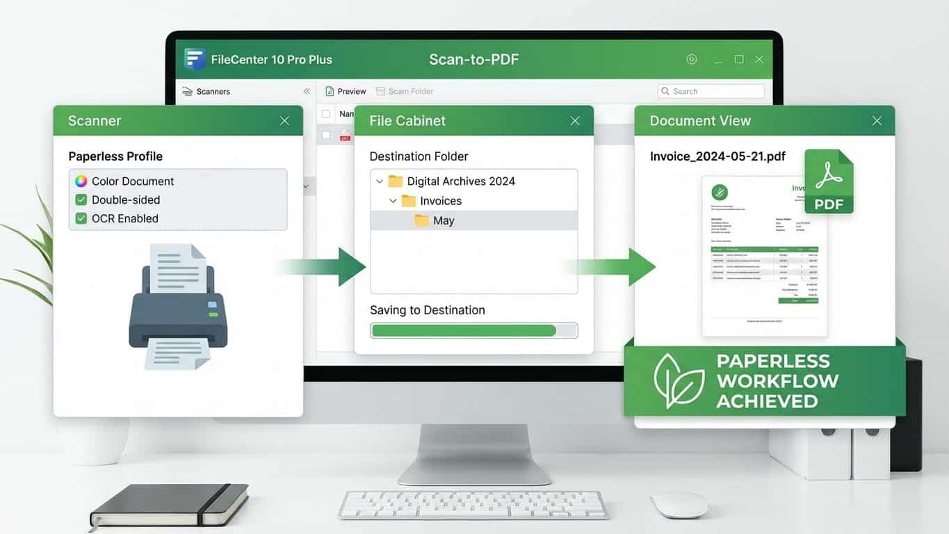 Interfaz de FileCenter 10 Pro Plus mostrando gabinetes carpetas y búsqueda de documentos