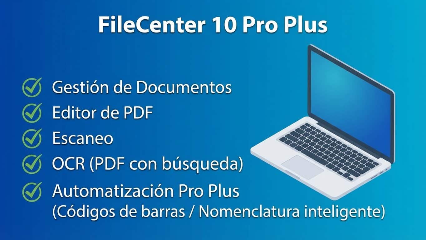 Infografía de FileCenter 10 Pro Plus con OCR avanzado automatización y funciones PDF