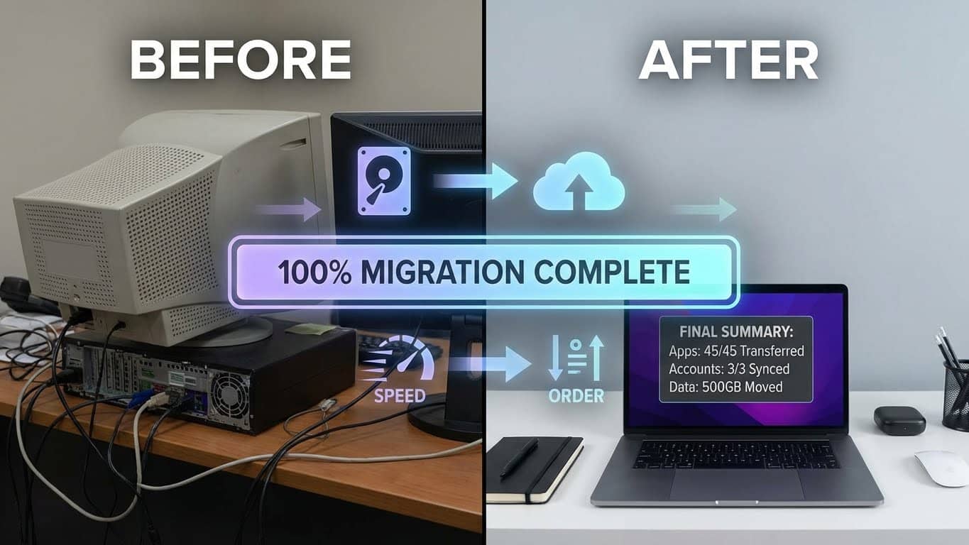 Escena de uso migrando a una nueva PC con progreso de transferencia y resumen de resultados