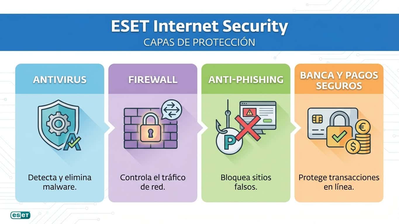 Infografía de ESET Internet Security con capas de protección: antivirus, firewall, anti-phishing y banca segura