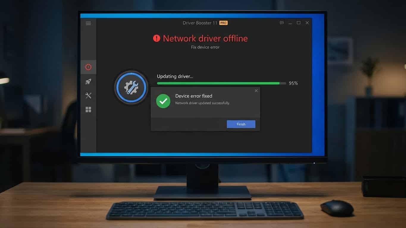 Escena de actualización offline de driver de red y reparación de problemas de dispositivo en Driver Booster 11 PRO