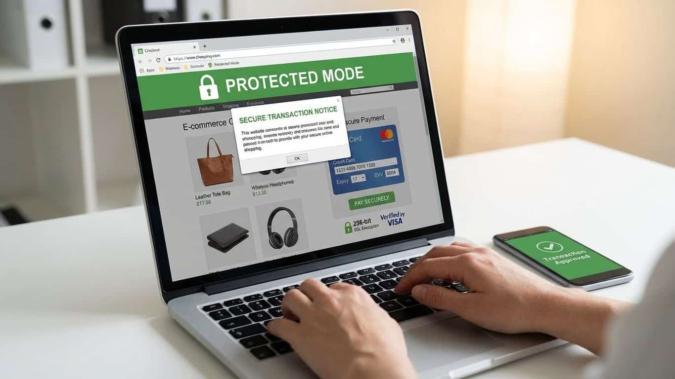 Escena de uso de banca y pagos seguros en navegador protegido para compras online