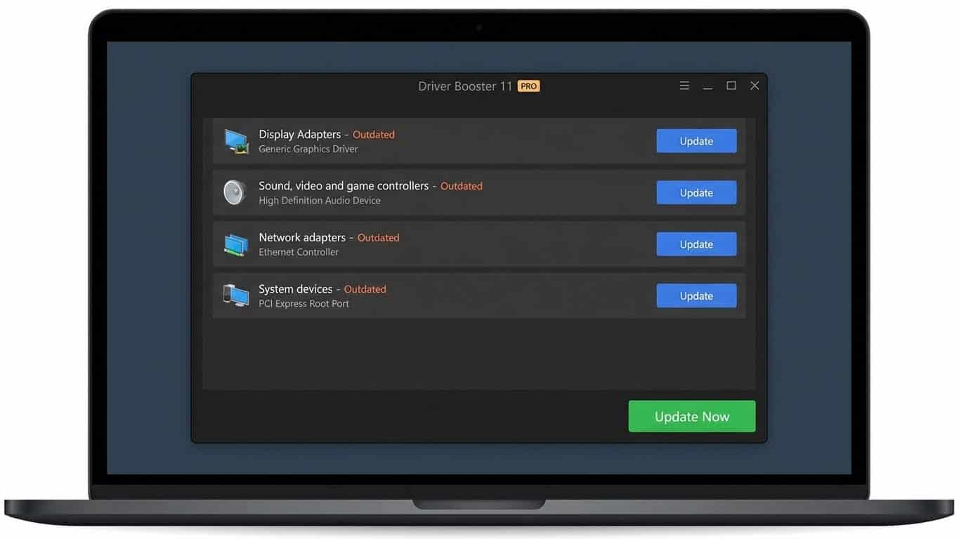 Infografía de Driver Booster 11 PRO con flujo de trabajo: escaneo, actualización, backup y restauración de drivers