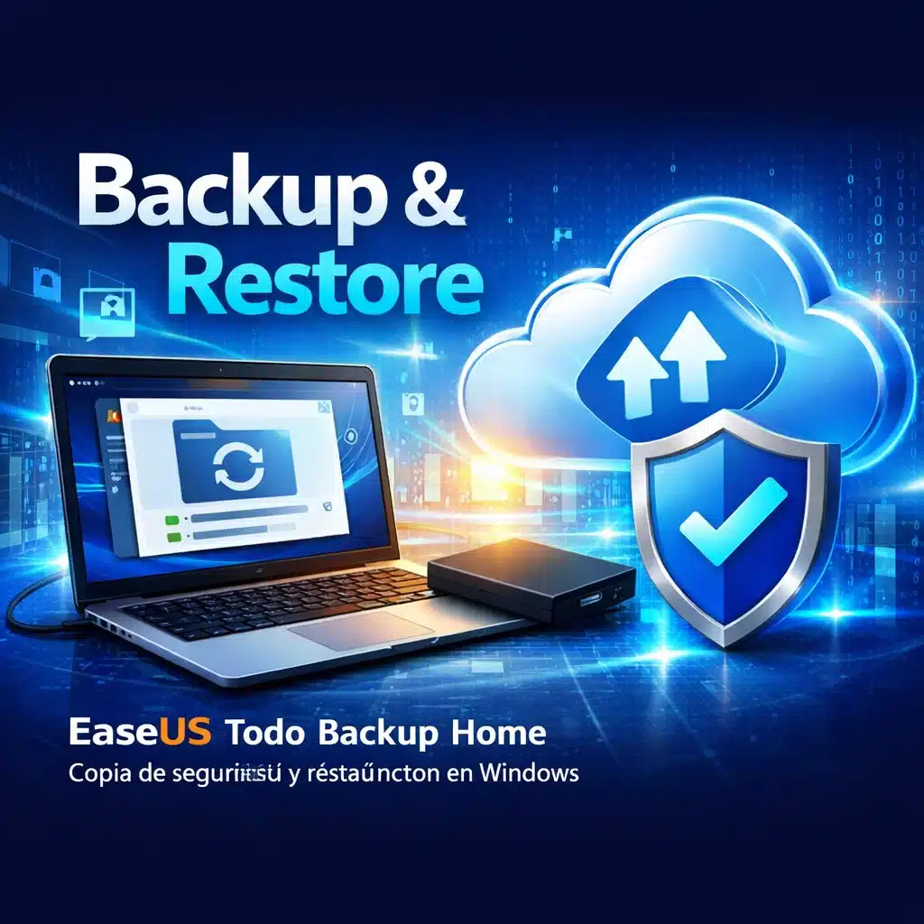 Portada promocional de EaseUS Todo Backup Home para copias de seguridad y restauración en Windows