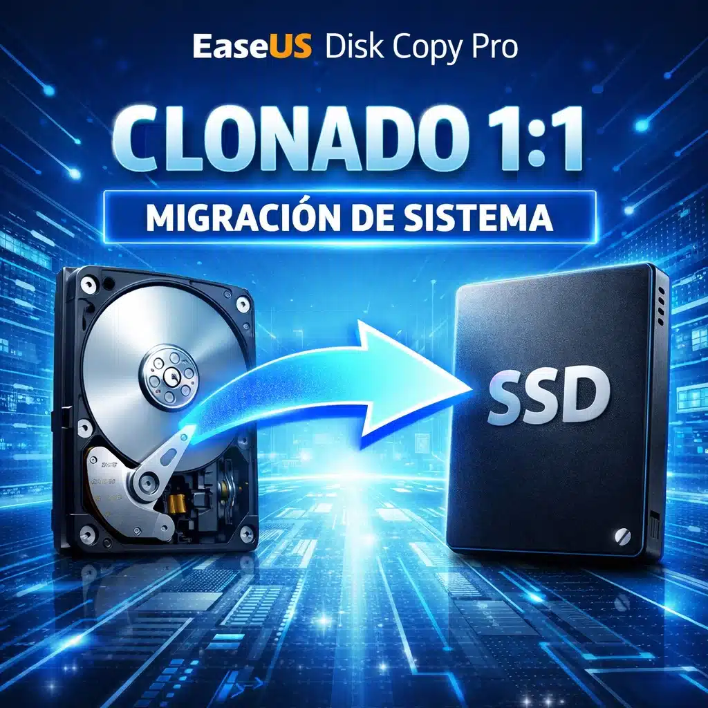 Portada promocional de EaseUS Disk Copy Pro para clonación 1:1 de HDD/SSD y migración de sistema