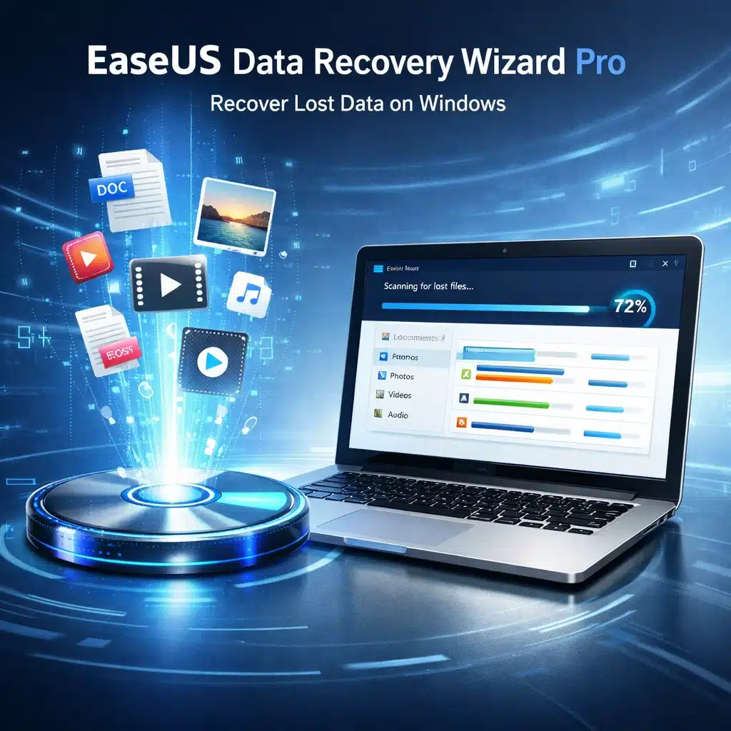 Portada promocional de EaseUS Data Recovery Wizard Pro para recuperación de datos en Windows