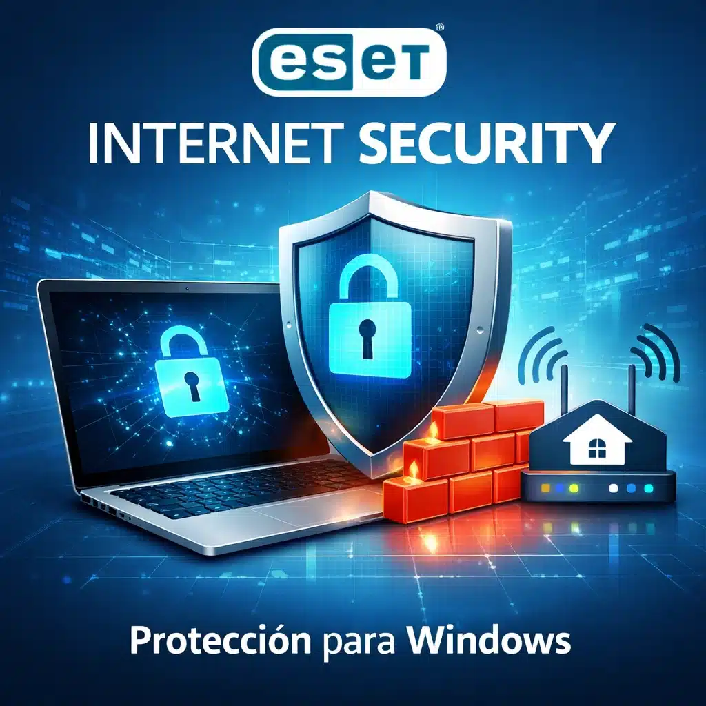 Portada promocional de ESET Internet Security para protección en Windows con firewall y navegación segura