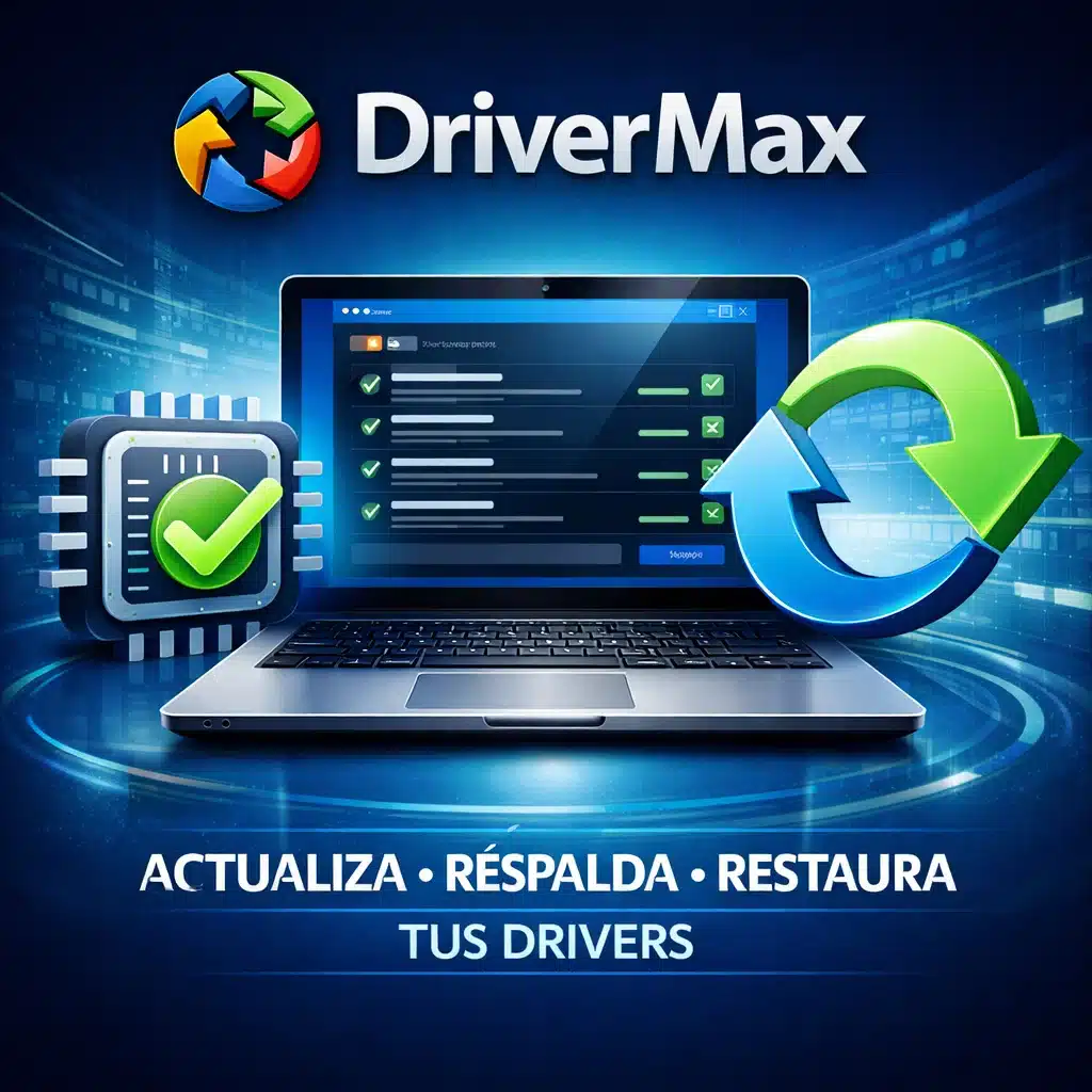 Portada promocional de DriverMax para actualizar, respaldar y restaurar drivers en Windows