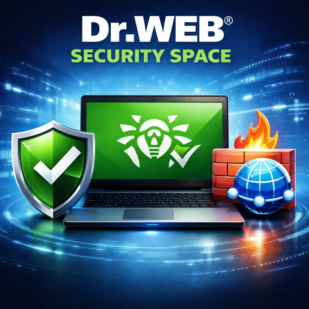 Portada promocional de Dr.Web Security Space para protección integral de PC con firewall y privacidad