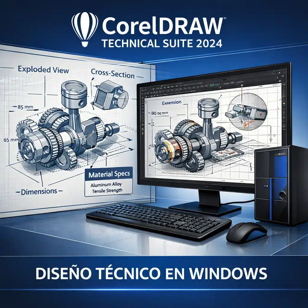 Portada promocional de CorelDRAW Technical Suite 2024 para diseño técnico en Windows
