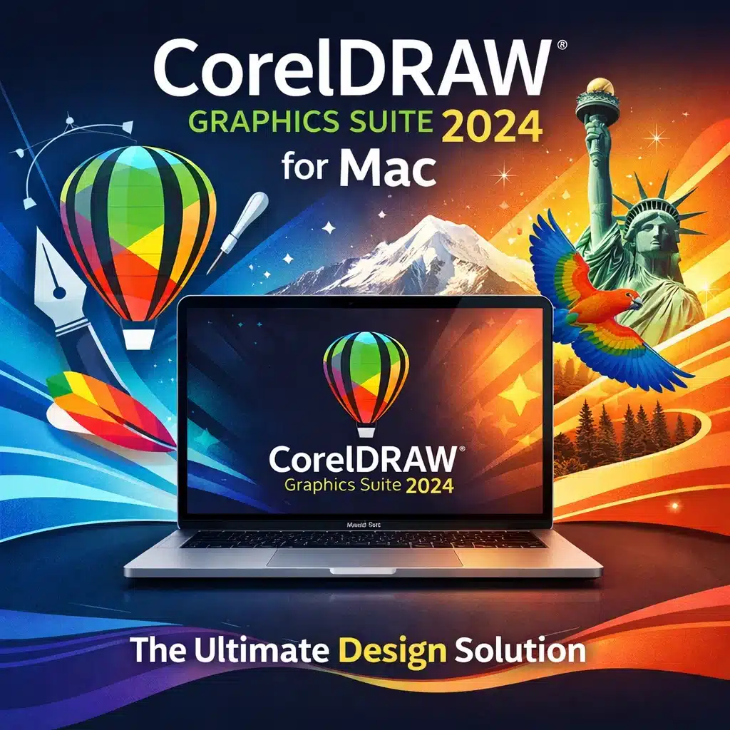 Portada promocional de CorelDRAW Graphics Suite 2024 para Mac con diseño vectorial y edición de imágenes