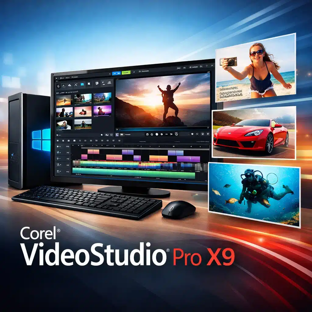 Portada promocional de Corel VideoStudio Pro X9 para edición de video en Windows