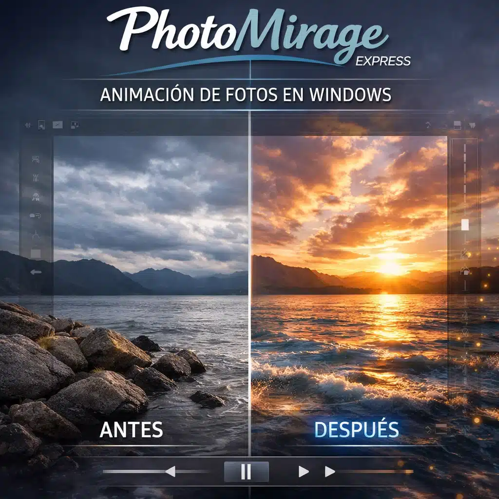 Portada promocional de Corel PhotoMirage Express para animación de fotos en Windows