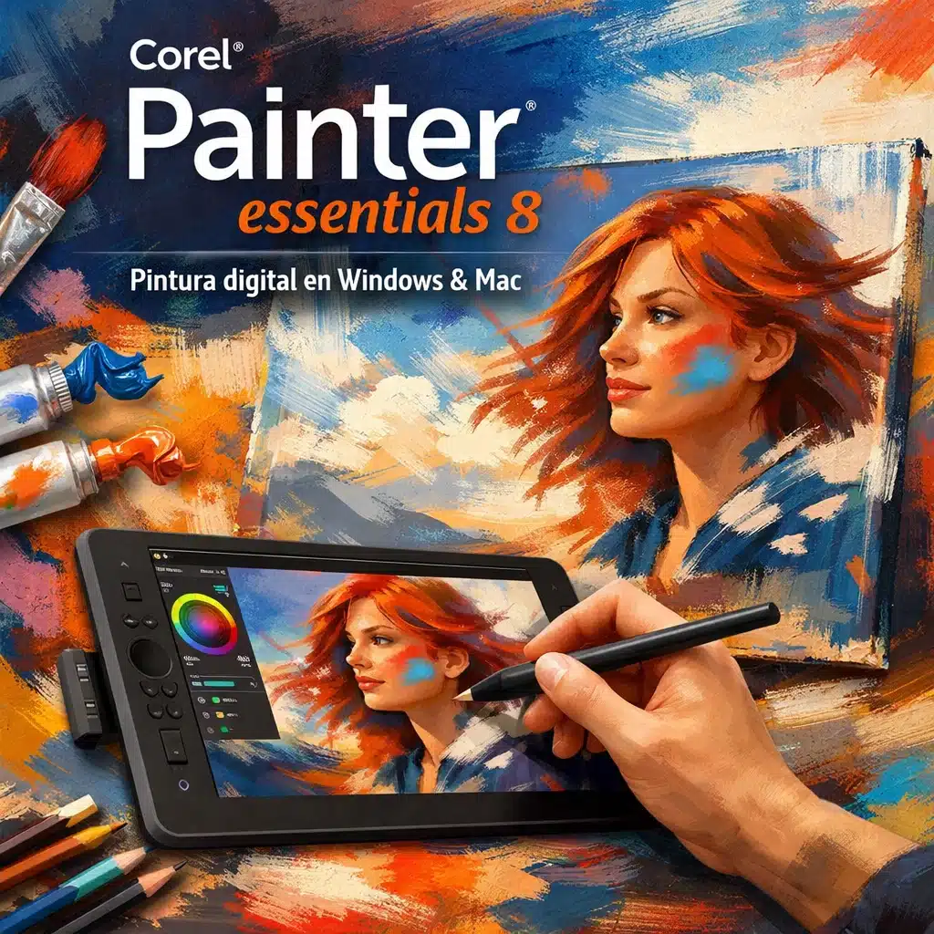 Portada promocional de Corel Painter Essentials 8 para pintura digital en Windows y Mac