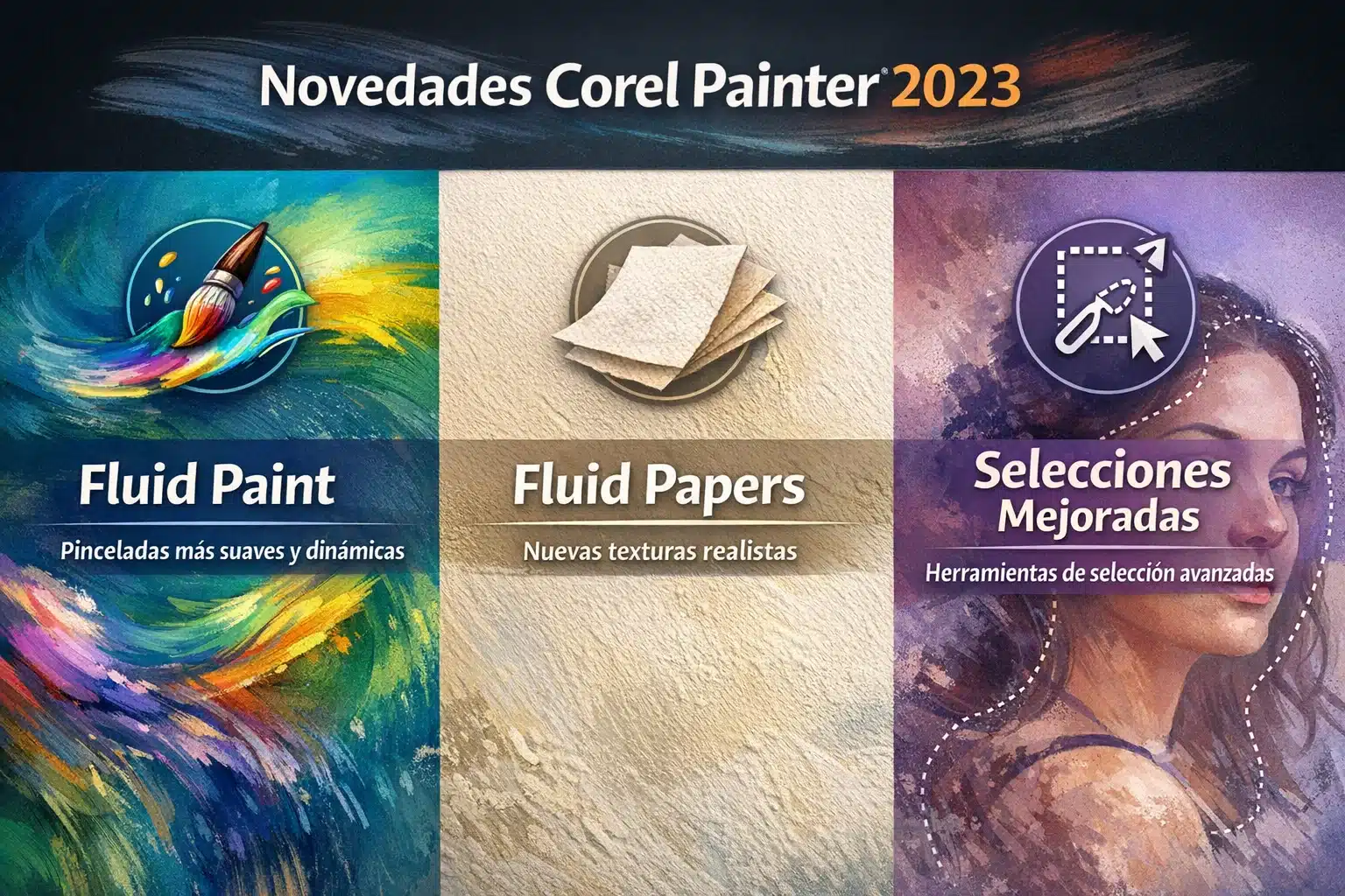 Pantalla de Corel Painter 2023 pintando con pinceles Fluid y textura de papel visible