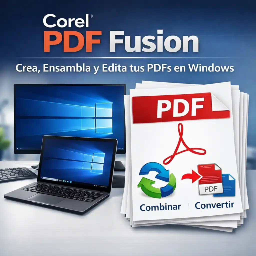 Portada promocional de Corel PDF Fusion para crear, ensamblar y editar PDFs en Windows