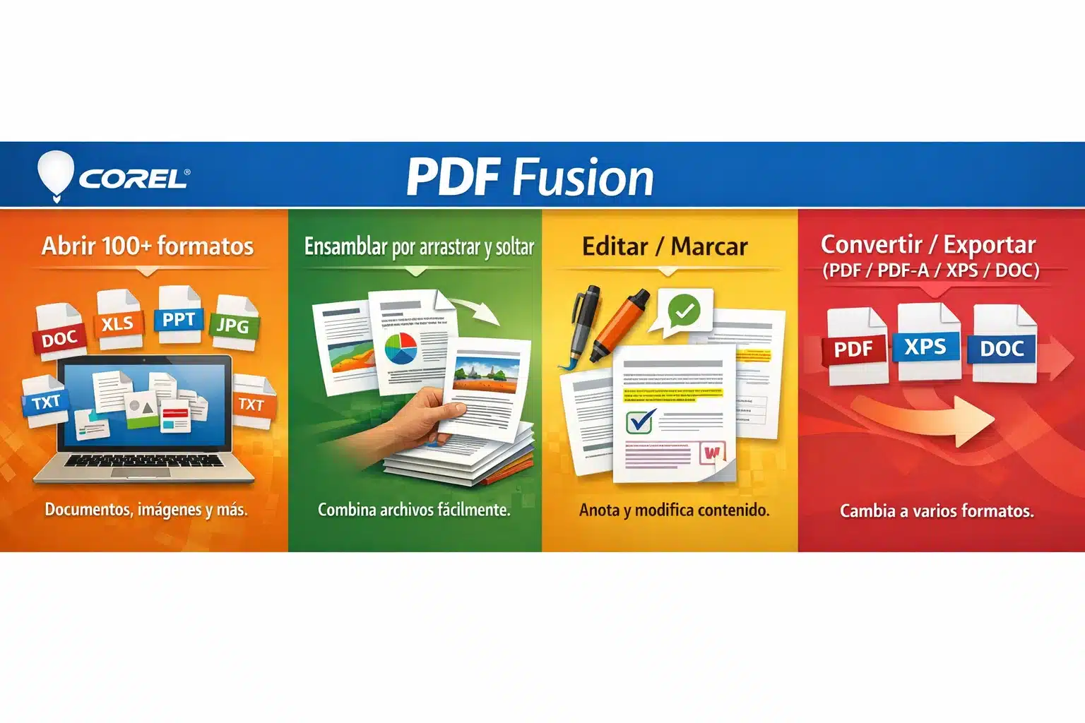 Pantalla de Corel PDF Fusion mostrando ensamblado de páginas y organización de un documento PDF